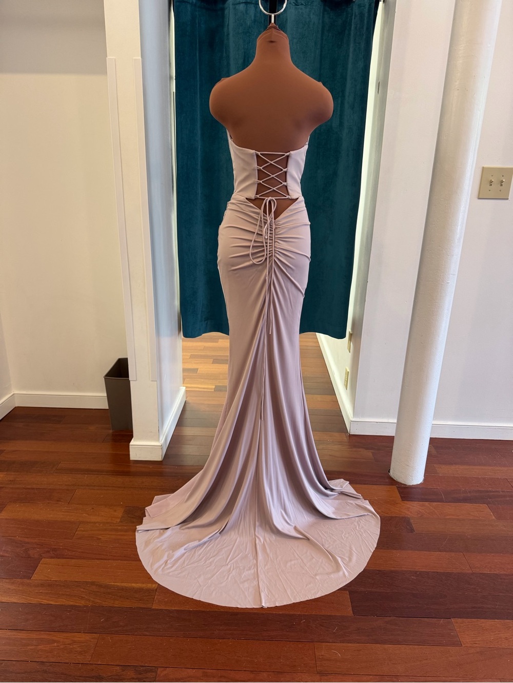 Strapless Embellished Corset Evening Gown in Taupe - Picture 3 of 5